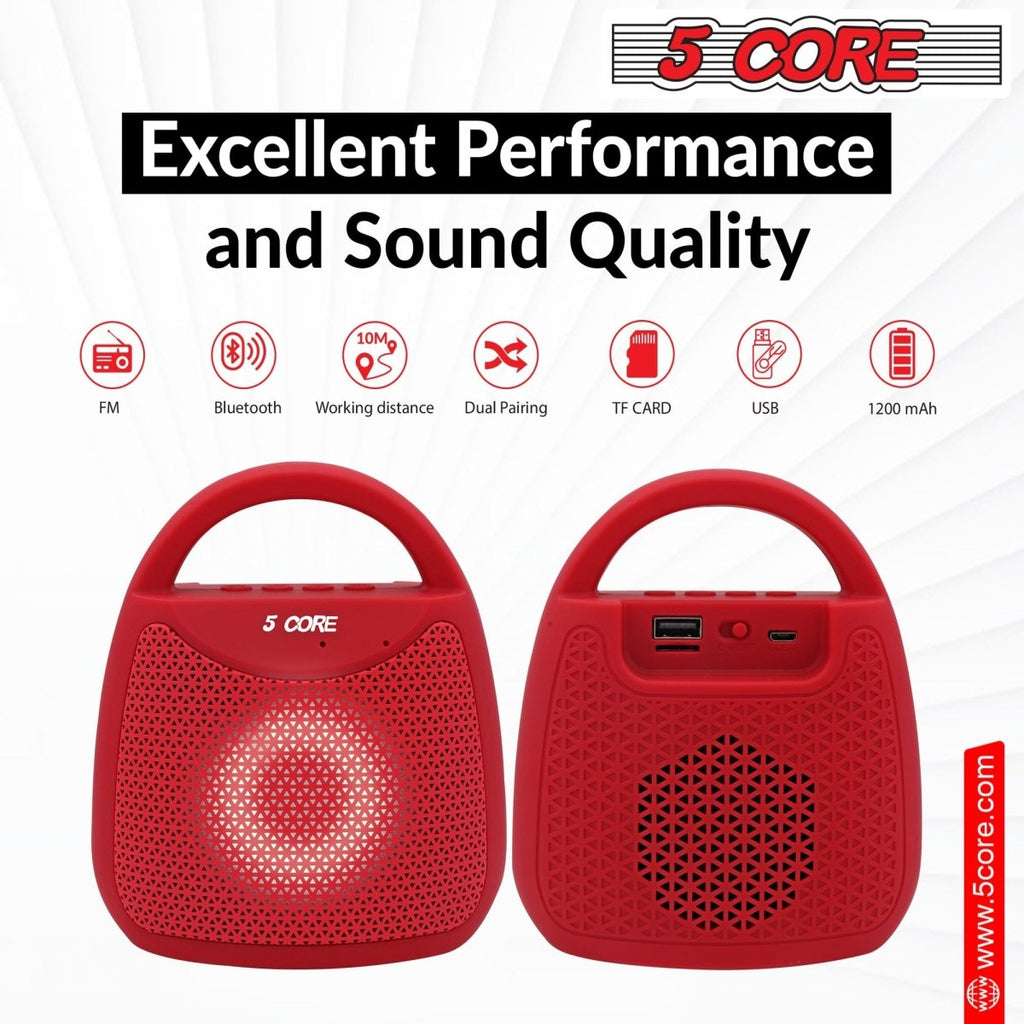 Red Doba 5 Core portable Bluetooth speaker with 40W output, outdoor waterproof design, LED party lights, and stereo sound.