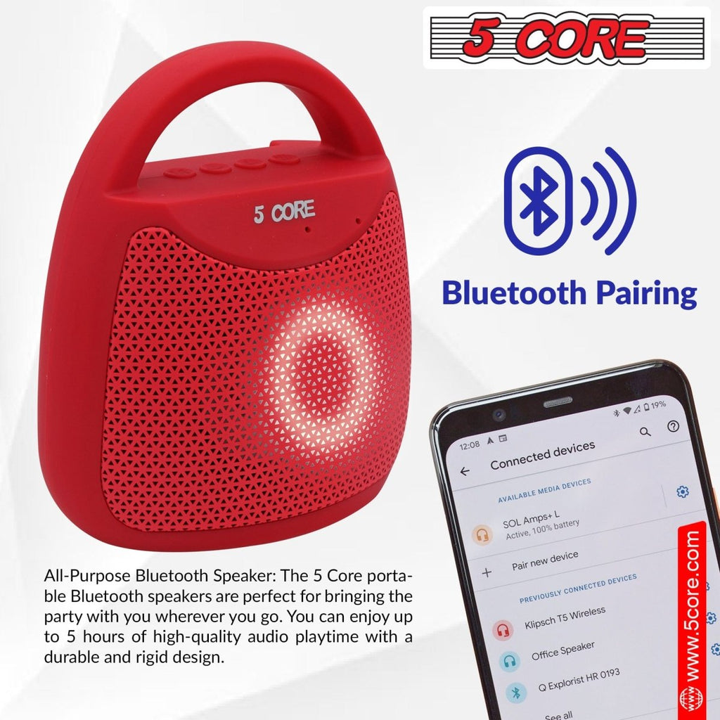 Red 5 Core Portable Bluetooth Speaker with 40W power, outdoor waterproof design, LED lights, and stereo sound.
