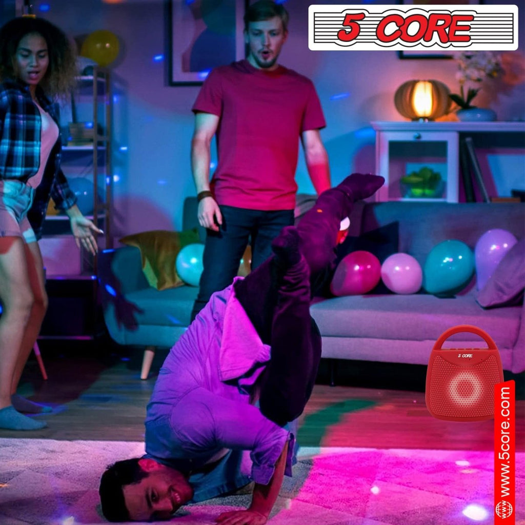 Red Doba 5 Core portable Bluetooth speaker with 40W output, outdoor wireless design, LED party lights, and water resistance.
