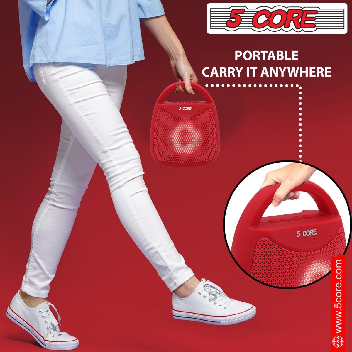 Red Doba 5 Core Portable Bluetooth Speaker with 40W output, compact outdoor wireless speaker with LED lights and water resistance.