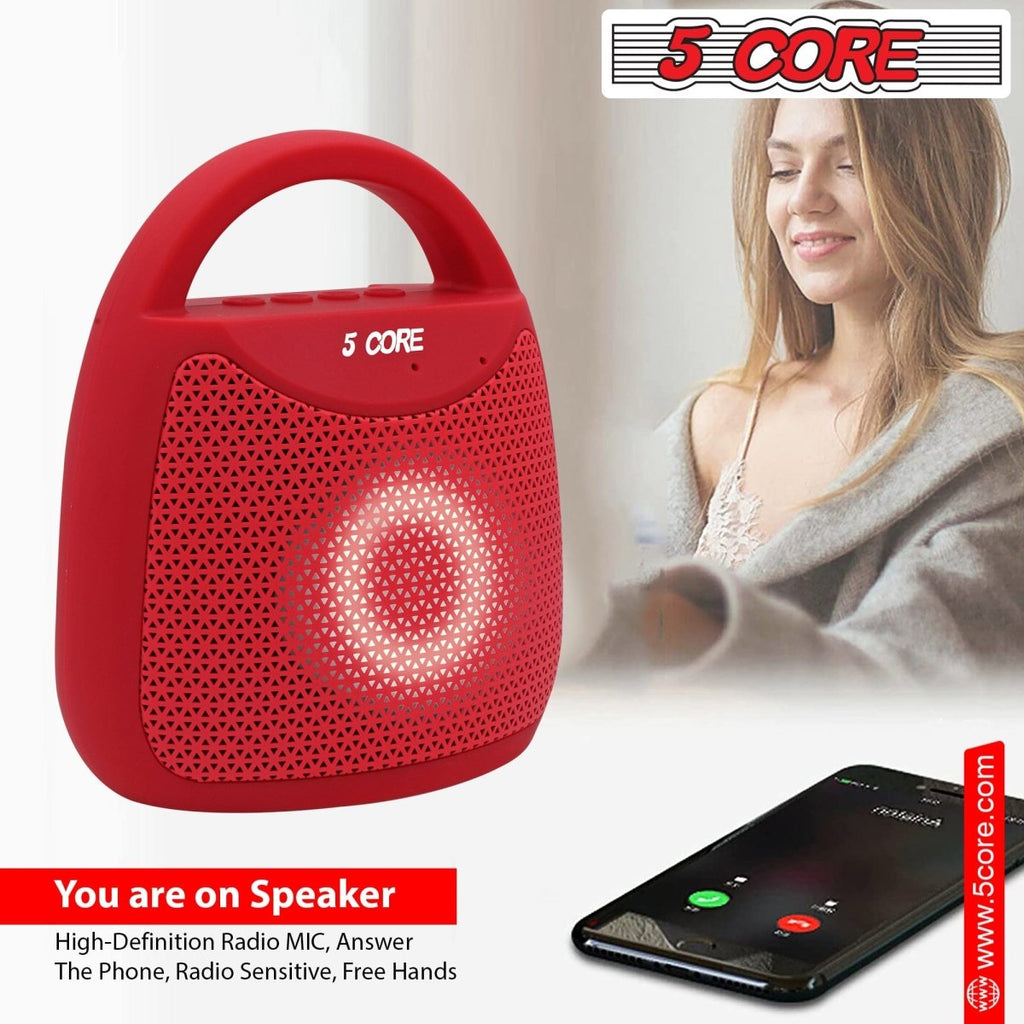 Red Doba 5 Core Portable Bluetooth Speaker with 40W stereo sound, LED lights, water resistance, and 10-hour playtime.