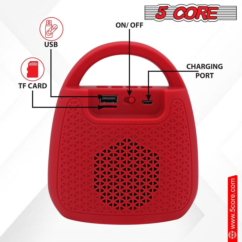 Red Doba 5 Core Portable Bluetooth Speaker with 40W power, LED lights, water resistance, and stereo sound for outdoor use.
