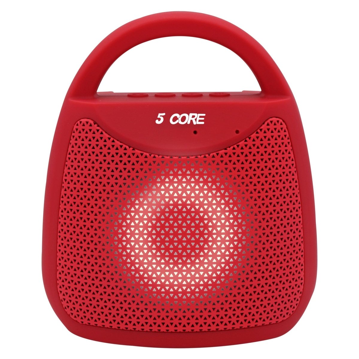 Red 5 Core Portable Bluetooth Speaker with 40W output, outdoor waterproof design, LED lights, USB, FM radio, and 10-hour playtime.