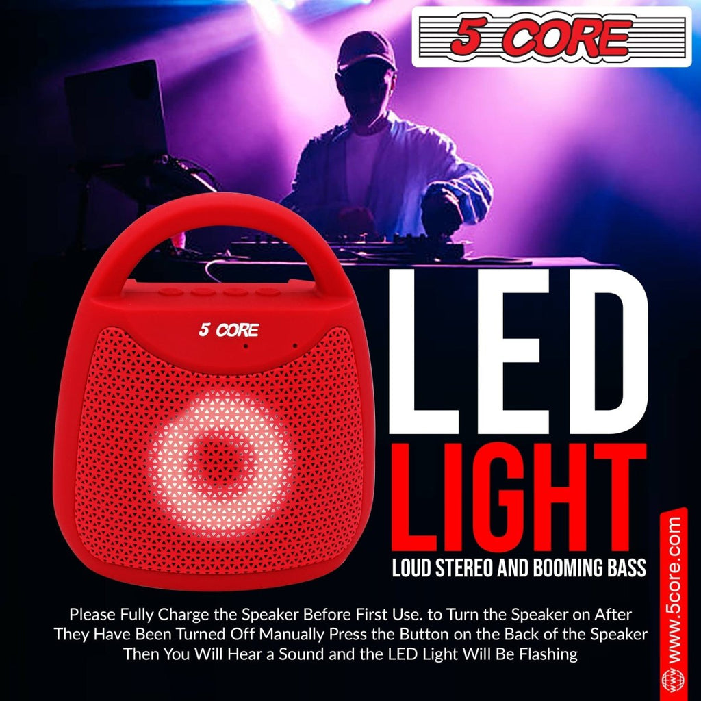 Red Doba 5 Core Portable Bluetooth Speaker with 40W output, water-resistant design, LED lights, and loud stereo sound.