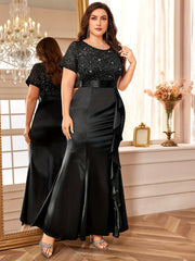 Plus Size, P54328A Elegant large size Women's lace contrasting satin sequined bridesmaid dress, round neck short sleeves, ruffle edge mermaid hem, very suitable for formal parties, parties, weddings