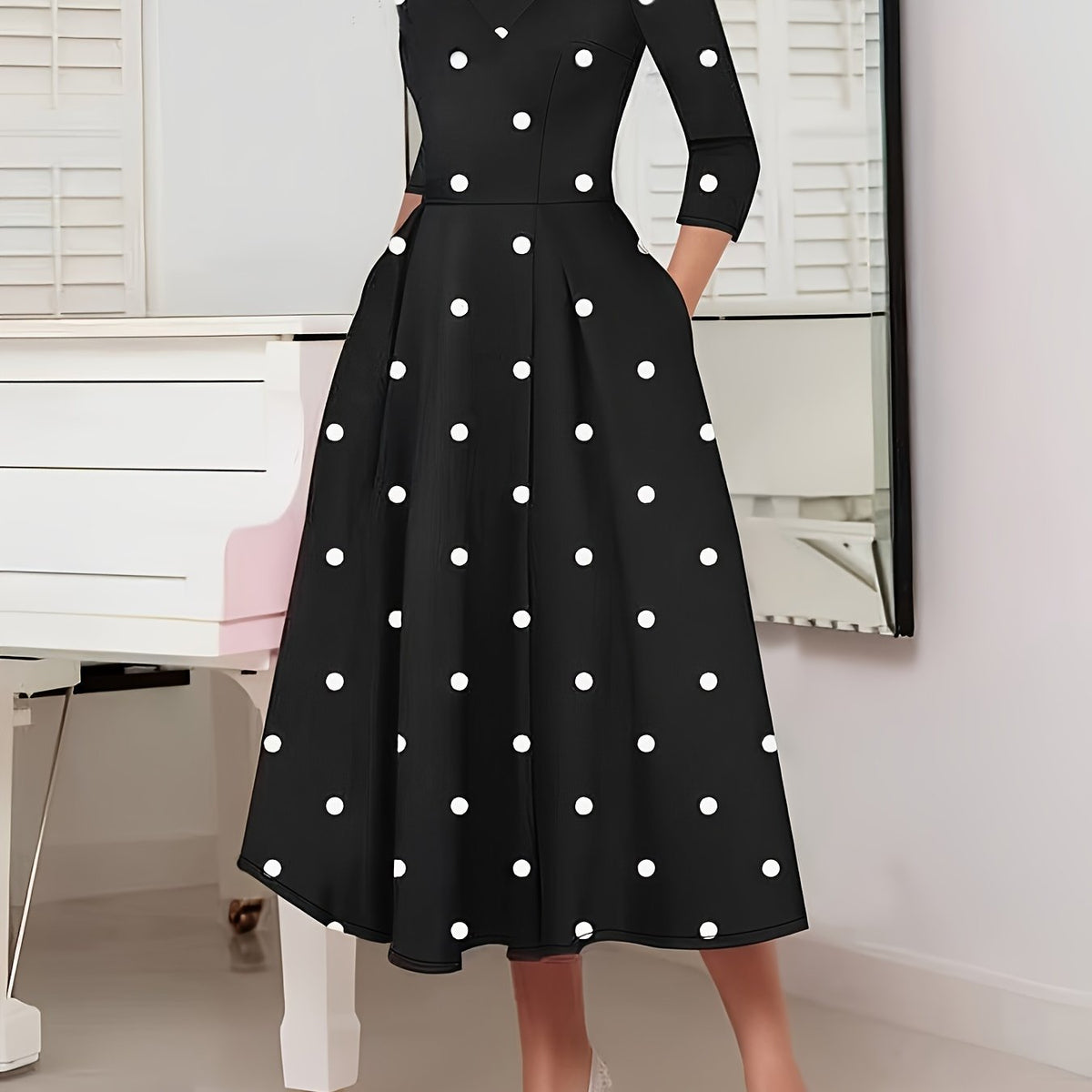Elegant Fit and Flare Polka Dot Dress with High Neck and Three Quarter Length Sleeves - 100% Polyester A-Line Dress with Back Zipper Detail for All Seasons