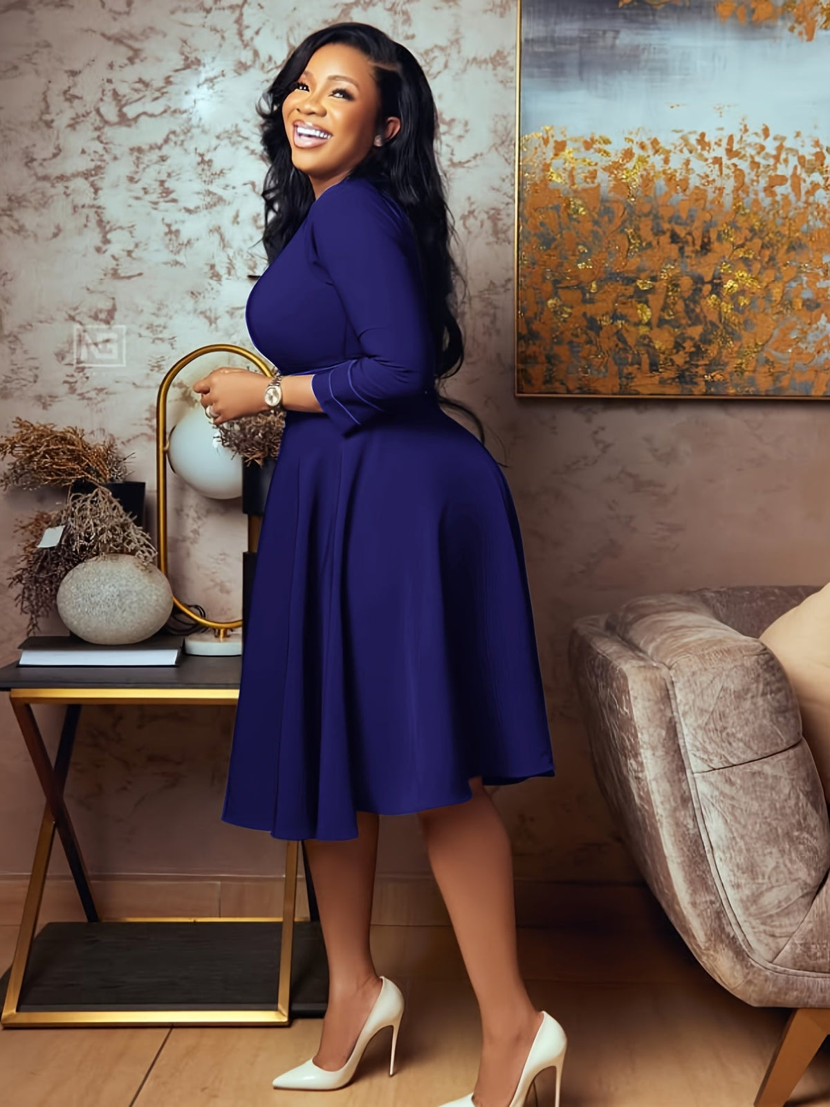 Navy blue SHOWLU FASHION A-line sleeveless formal gown with ruched bodice, perfect for elegant occasions.