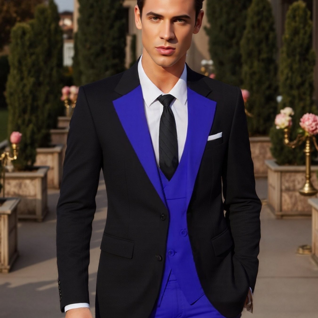 SHOWLU Men's 3-piece slim fit wedding tuxedo with jacket, vest, and pants, featuring classic black tailored style