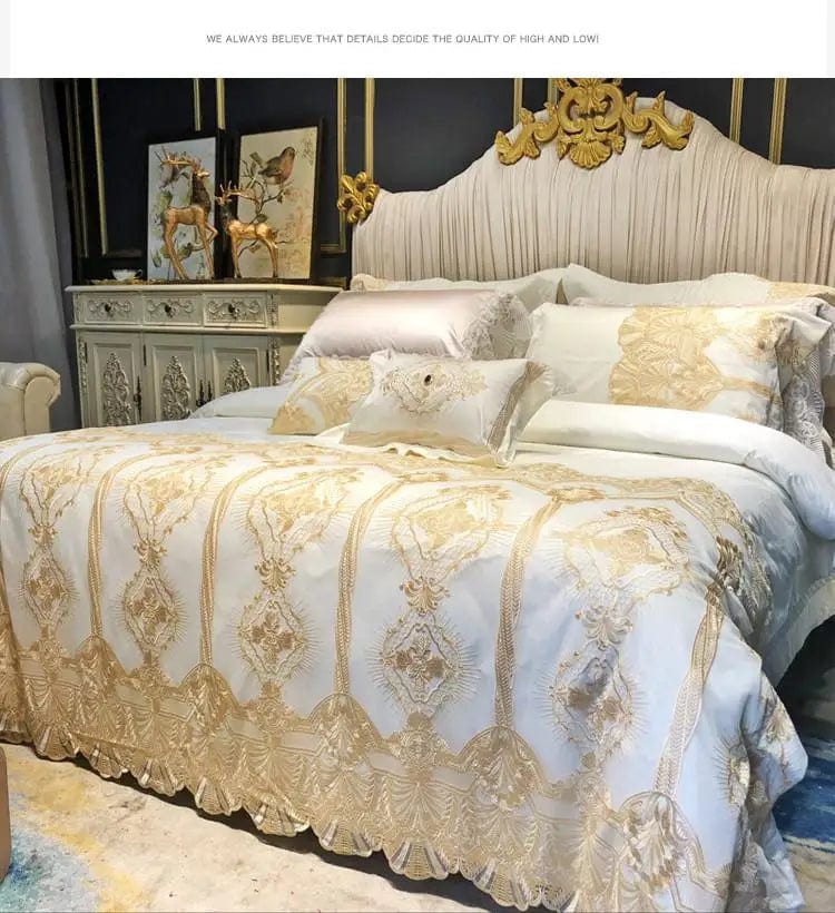 40Wide Golden Lace Duvet /Comforter Cover Set Pink White Premium Egyptian Cotton Bedding set Luxury Queen King size Bed sheet - SHOWLU FASHION STORE