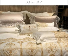 40Wide Golden Lace Duvet /Comforter Cover Set Pink White Premium Egyptian Cotton Bedding set Luxury Queen King size Bed sheet - SHOWLU FASHION STORE