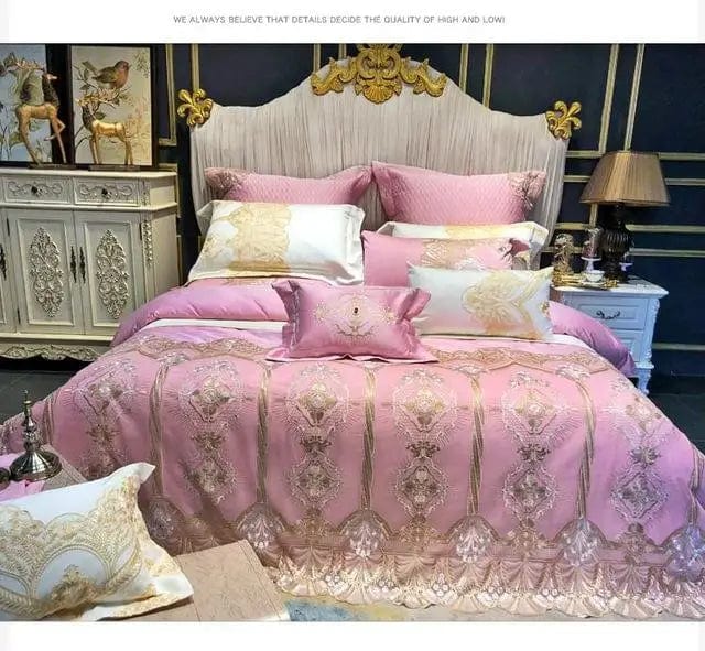 40Wide Golden Lace Duvet /Comforter Cover Set Pink White Premium Egyptian Cotton Bedding set Luxury Queen King size Bed sheet - SHOWLU FASHION STORE