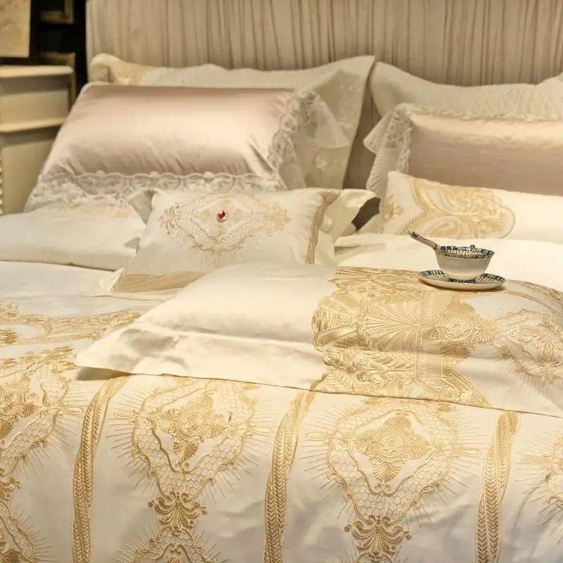 40Wide Golden Lace Duvet /Comforter Cover Set Pink White Premium Egyptian Cotton Bedding set Luxury Queen King size Bed sheet - SHOWLU FASHION STORE