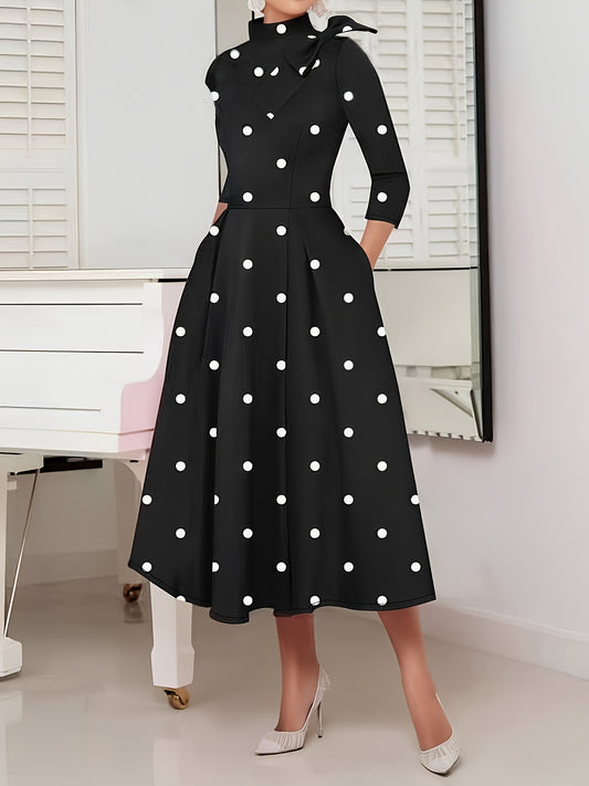 Elegant Fit and Flare Polka Dot Dress with High Neck and Three Quarter Length Sleeves - 100% Polyester A-Line Dress with Back Zipper Detail for All Seasons