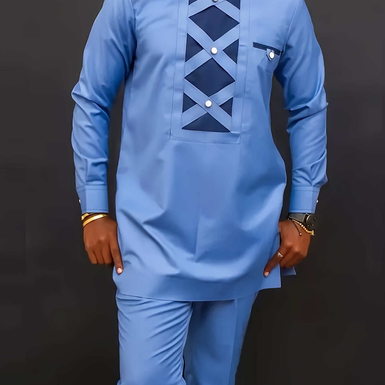 SHOWLU Men's two-piece patchwork suit with crew neck casual set, featuring stylish patchwork design and comfortable fit.