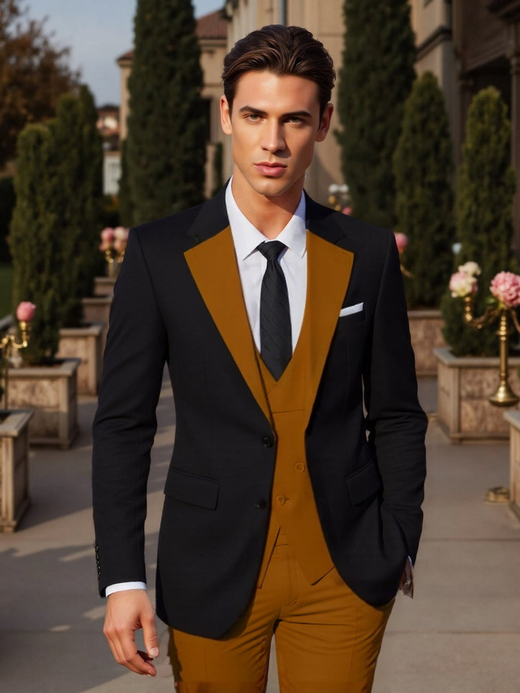 SHOWLU men's 3-piece slim fit wedding tuxedo with jacket, vest, and pants, tailored for formal events and special occasions.
