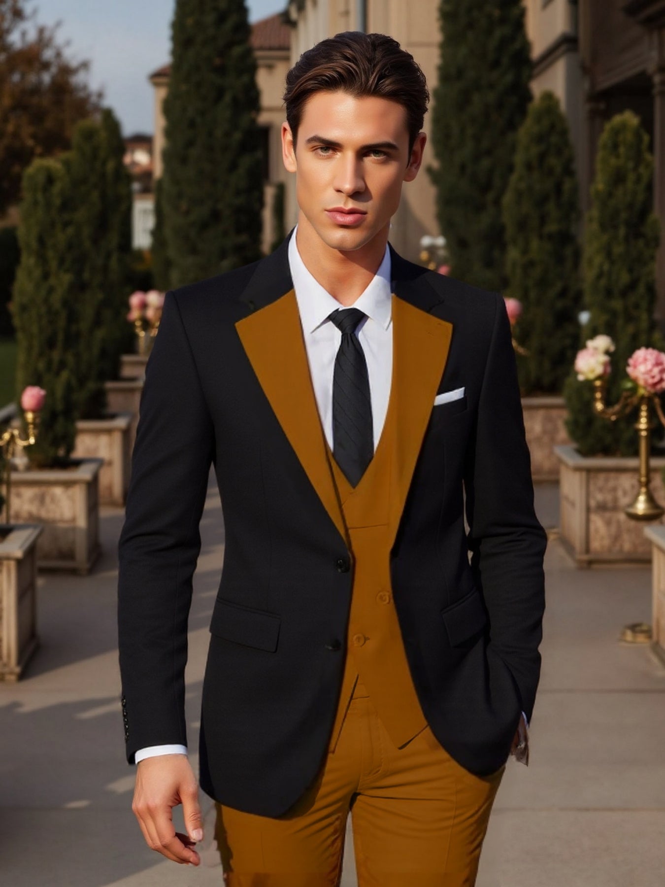 SHOWLU men's 3-piece slim fit wedding tuxedo with jacket, vest, and pants, tailored for formal events and special occasions.