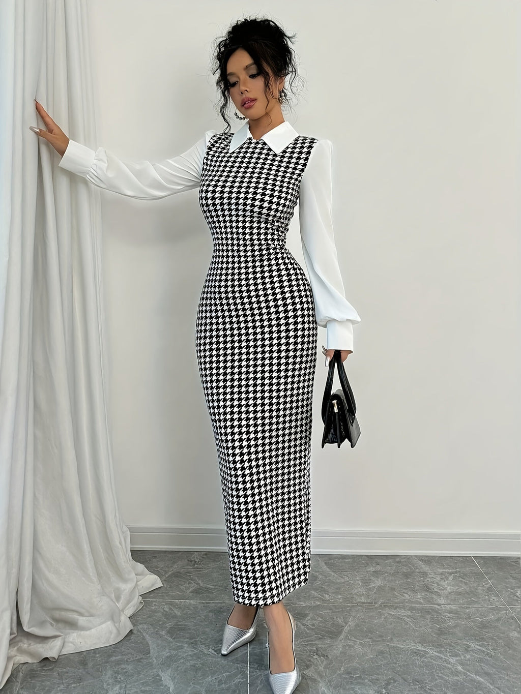 SHOWLU FASHION women's houndstooth bodycon dress with puffed sleeves, elegant style, fitted silhouette, and stylish design.
