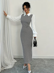 Women's Elegant Houndstooth Print Puffed Sleeve Bodycon Dress - Black & White Contrast, Machine Washable, All-Season Versatile Fit, Clothes for Ladies, Formal Attire, Classic Collared Top, Medium Elasticity