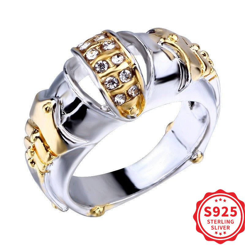 Showlu S925 silver gold fish mouth moissanite ring with intricate design for men and women, featuring sparkling gemstones.