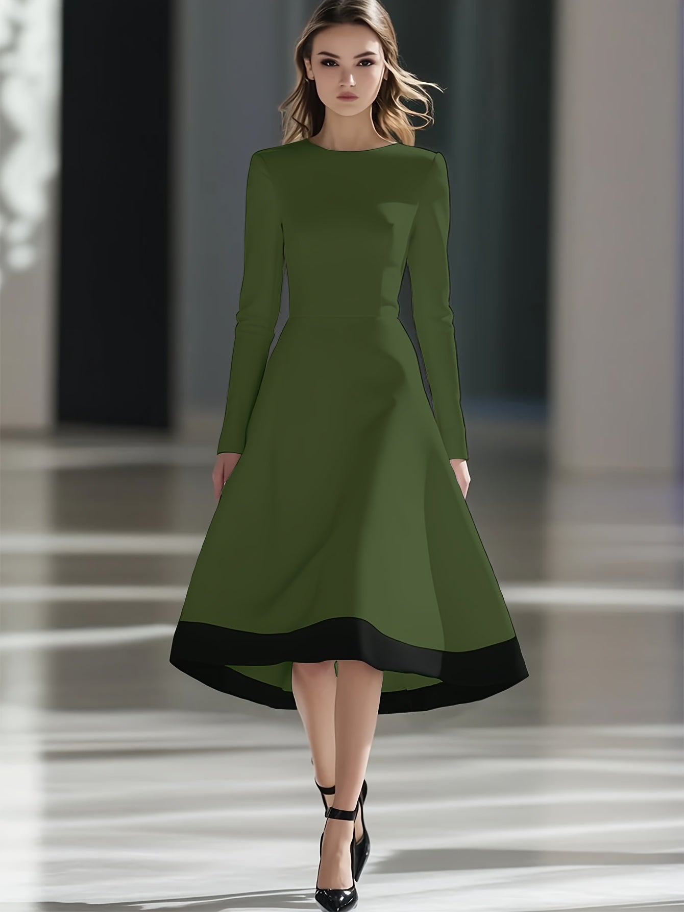 SHOWLU FASHION women's burgundy long sleeve midi dress, A-line knit design, stylish and comfortable for everyday wear.