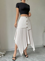 [Elegant Skirt] Semi-Sheer Lightweight Asymmetrical Front Button Hem Skirt - White & Black Contrast | Elegant, Machine Washable Spring/Summer Casual & Formal Wear