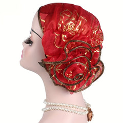 4pcs Elegant Floral Lace Turban Hats for Women - Stretchy Lightweight Breathable Polyester Hijab Scarf with Ruffled Edges, 4 Colors (White/Blue/Red/Golden) for Ramadan, Chemo, Everyday Glamour, Stylish Headwear, Sophisticated