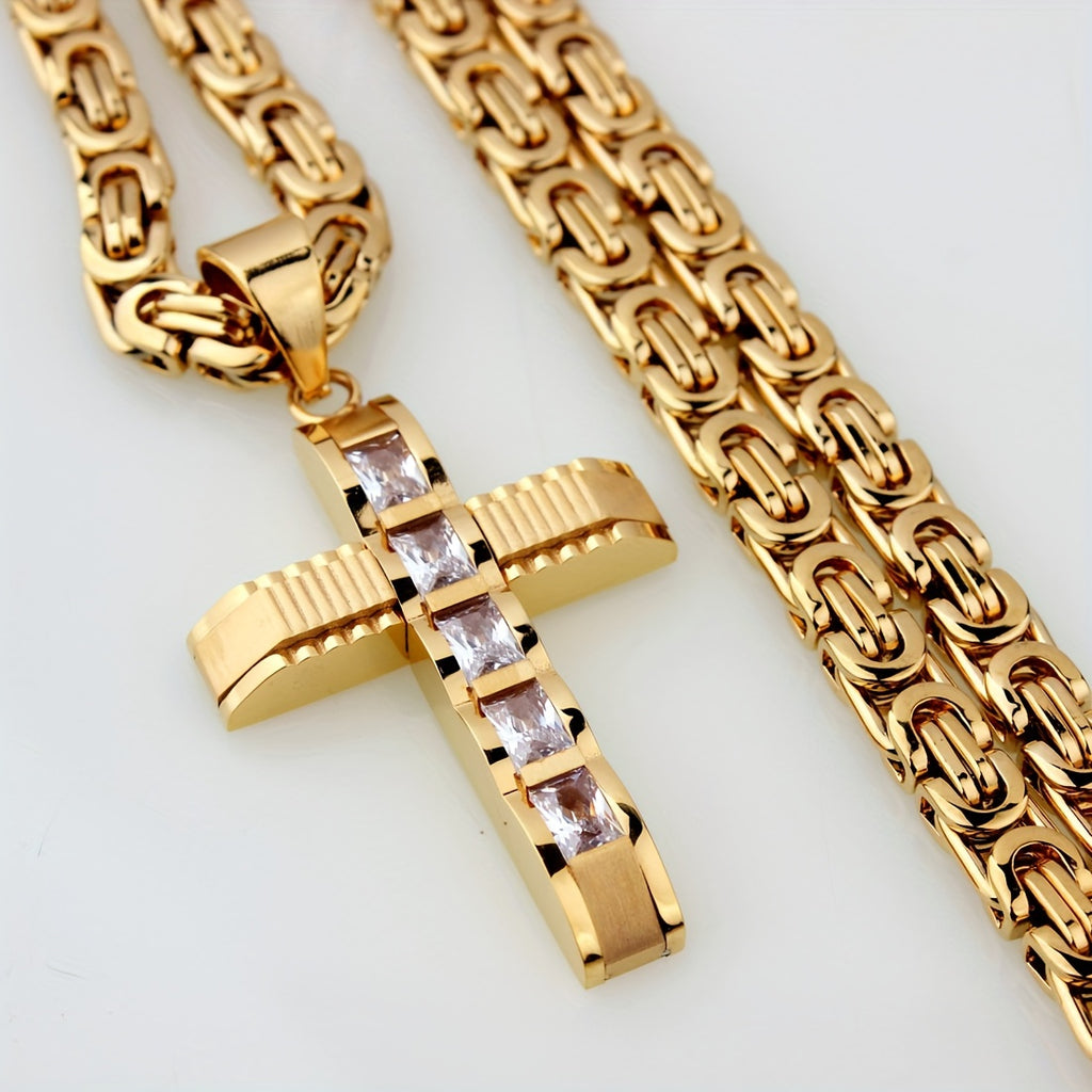 Showlu men's 14K gold plated stainless steel cross pendant necklace hanging on a chain, close-up view of the jewelry.