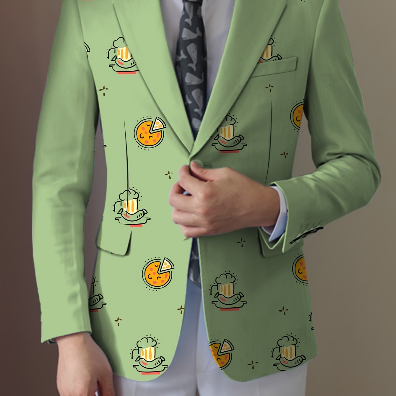 Men's casual food cartoon blazer by SHOWLU FASHION STORE, regular fit lapel suit jacket with colorful food print design.