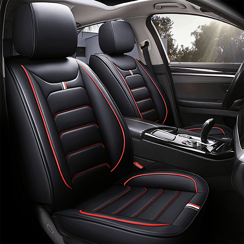 Showlu Fashion Faux Leather Car Seat Covers set showing black and gray full set for vehicle seats.
