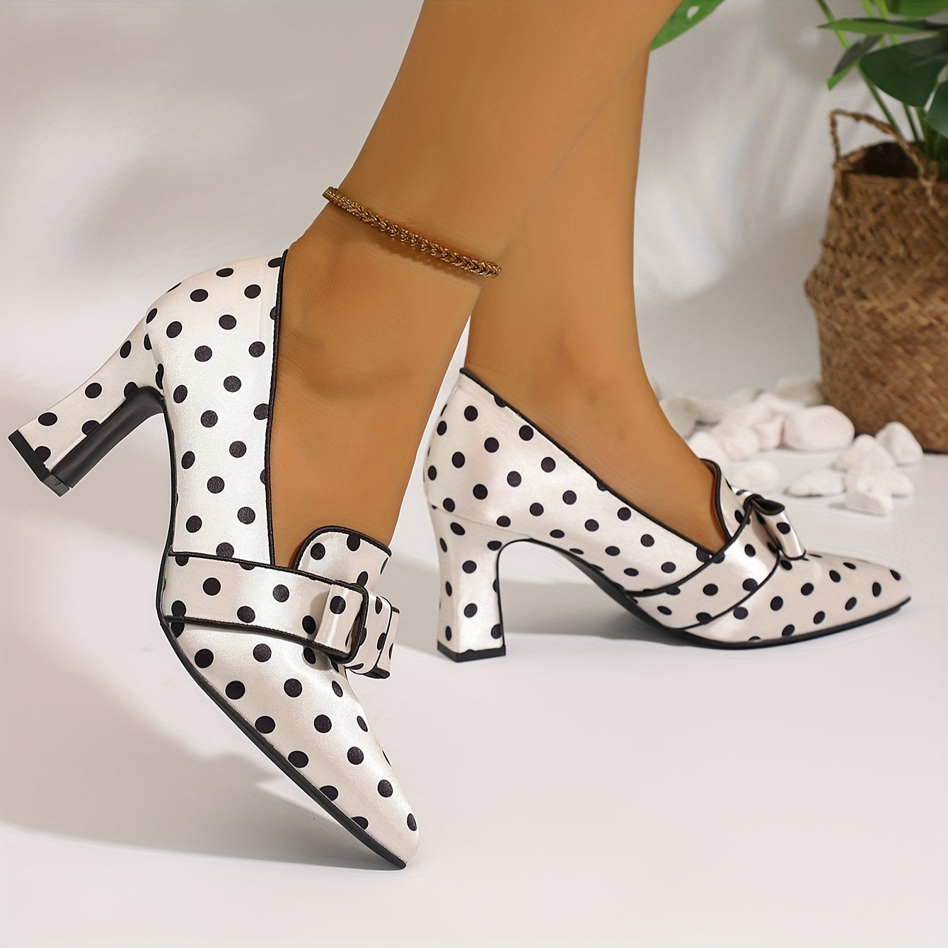 SHOWLU FASHION polka dot bowknot pumps with pointed toe and block high heels, stylish women’s footwear in black and white.