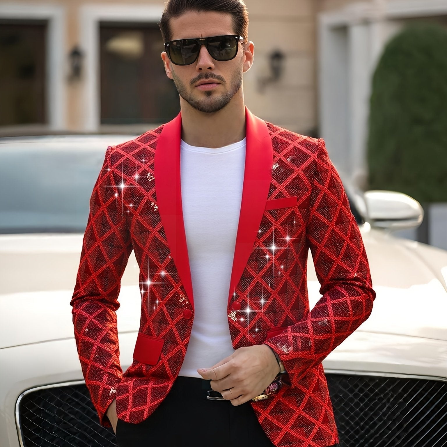 Men's SHOWLU FASHION sequin party blazer with geometric notched lapel, stylish and eye-catching for special occasions.