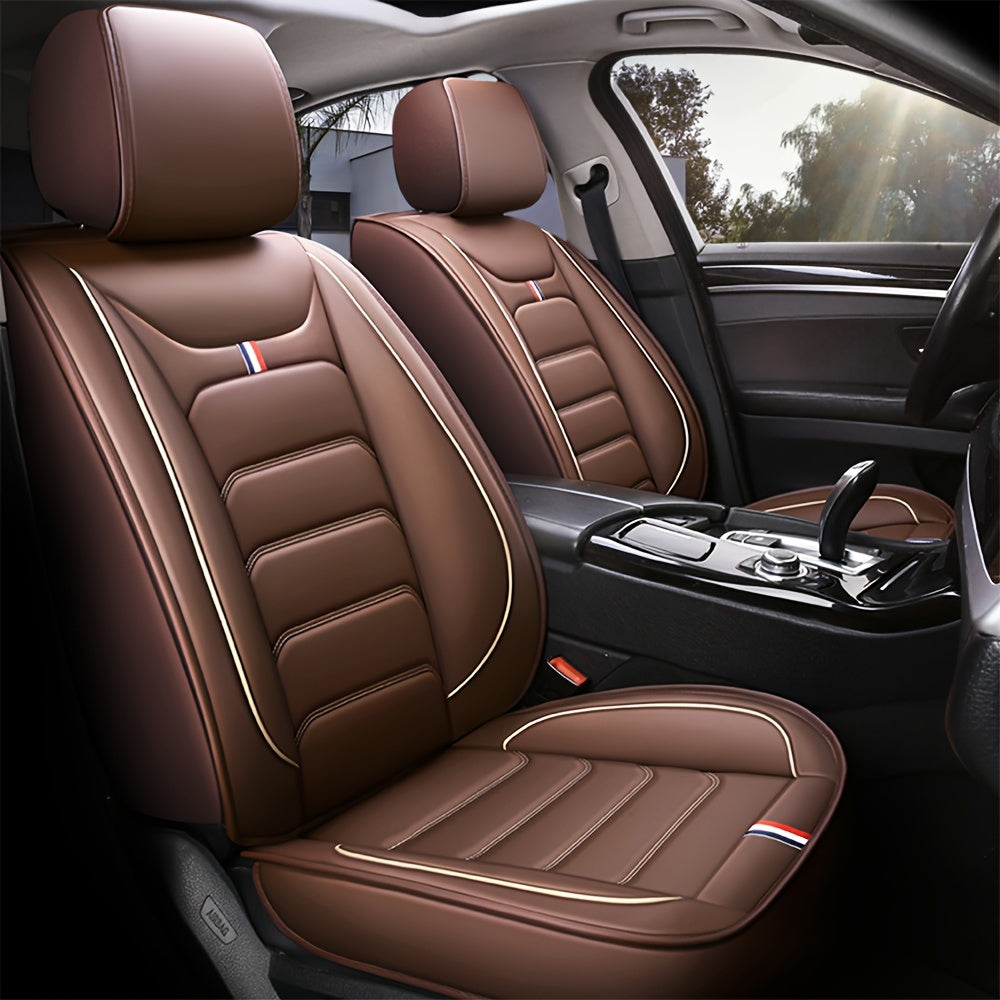 Showlu Fashion faux leather car seat covers set, universal full set with black and gray design, for a stylish vehicle interior upgrade.