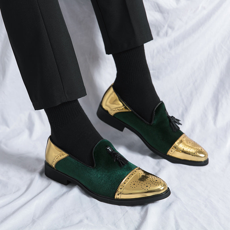 Men's green and golden brogue loafers by SHOWLU FASHION STORE, slip-on formal dress shoes with detailed perforated design.