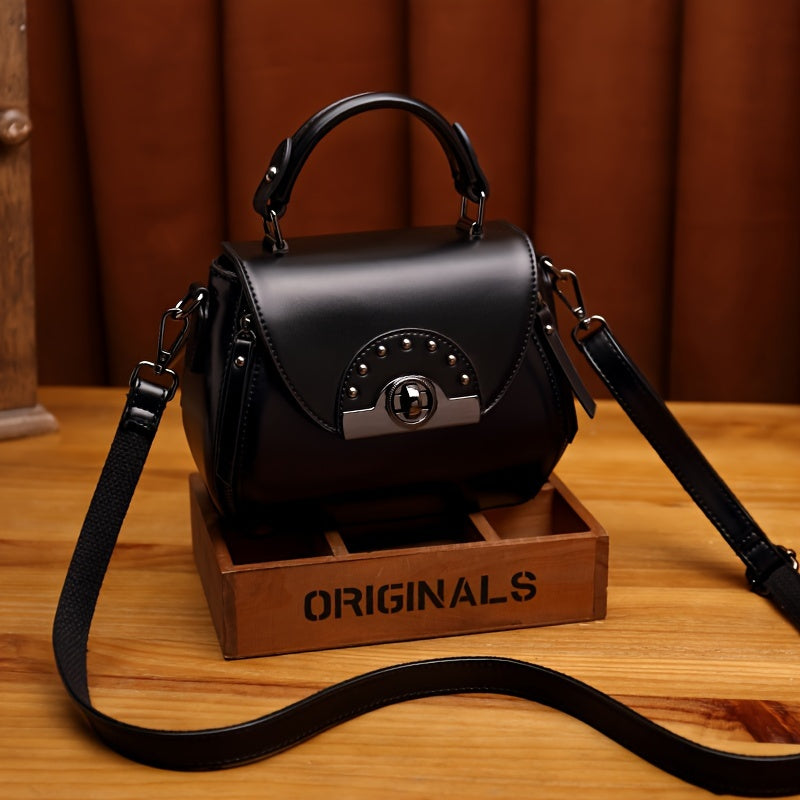 SHOWLU Women's retro apple-shaped crossbody bag in black PU leather with a sleek, vintage-inspired design.