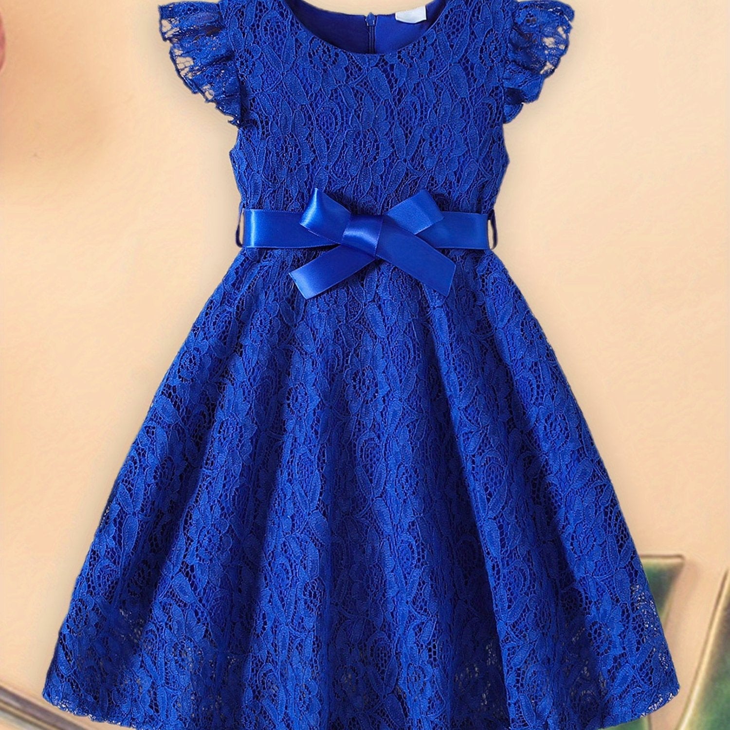 SHOWLU Girls lace fly sleeve summer dress with belt, solid color woven fabric, featuring delicate lace details and a stylish fit.