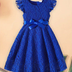Girls Dress Lace Fly Sleeve Round Neck Casual Dress Fashion Summer Dress with Belt