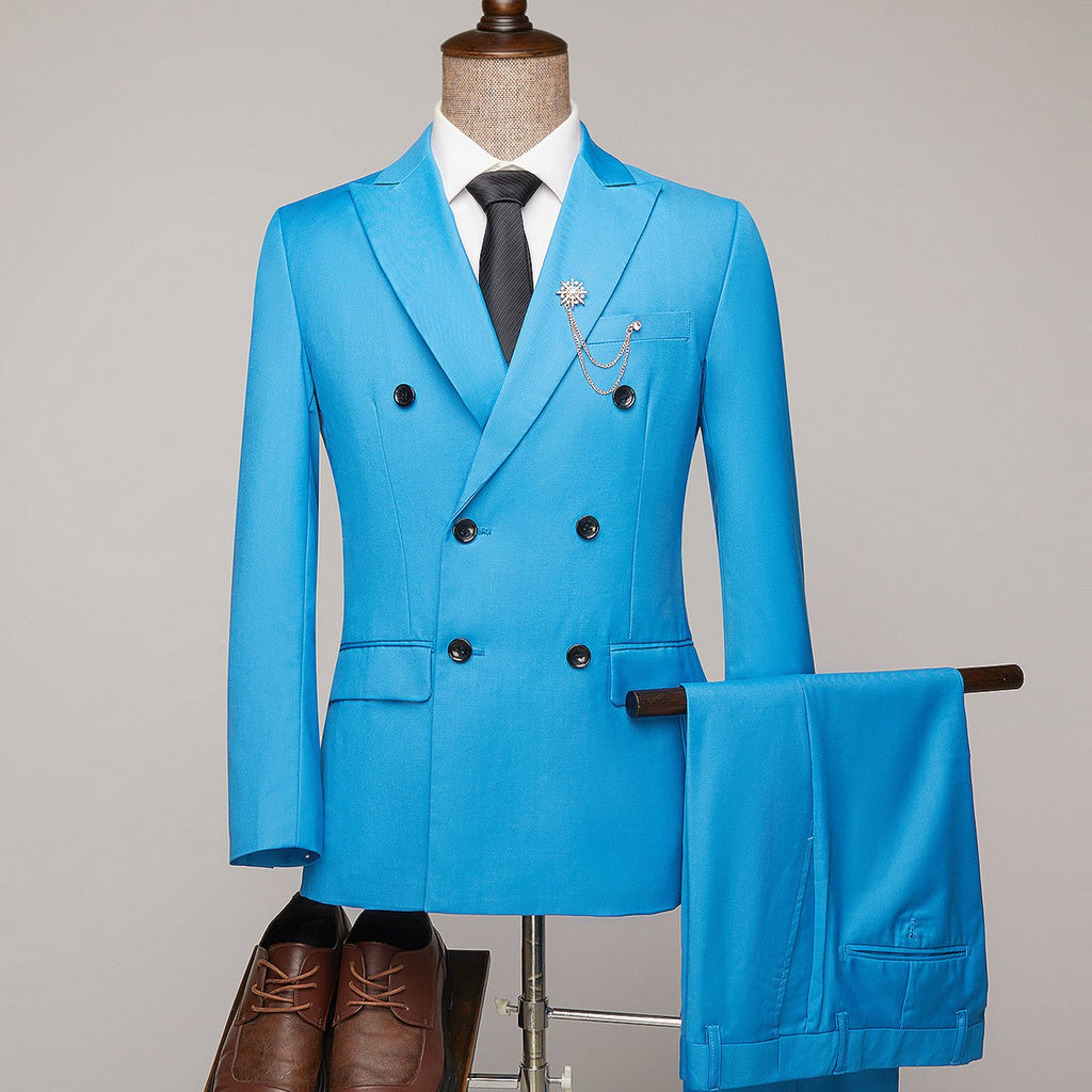 SHOWLU Men's double-breasted slim fit suit in solid polyester, featuring a tailored jacket and matching trousers.