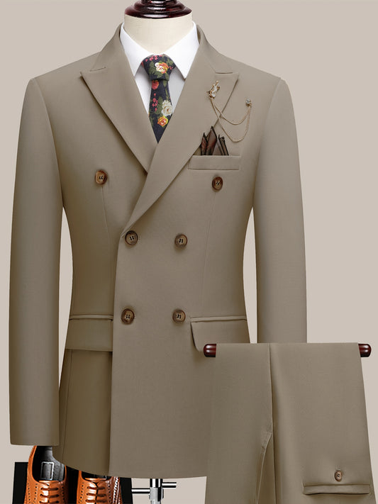 Youth Lapel Double Breasted Suit Set, Business Casual Solid Color Two-piece Set, Four Season Universal Graduation Ceremony Formal Attire, Interview Performance Dress Suit