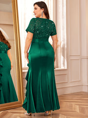 Plus Size, P54328A Elegant large size Women's lace contrasting satin sequined bridesmaid dress, round neck short sleeves, ruffle edge mermaid hem, very suitable for formal parties, parties, weddings