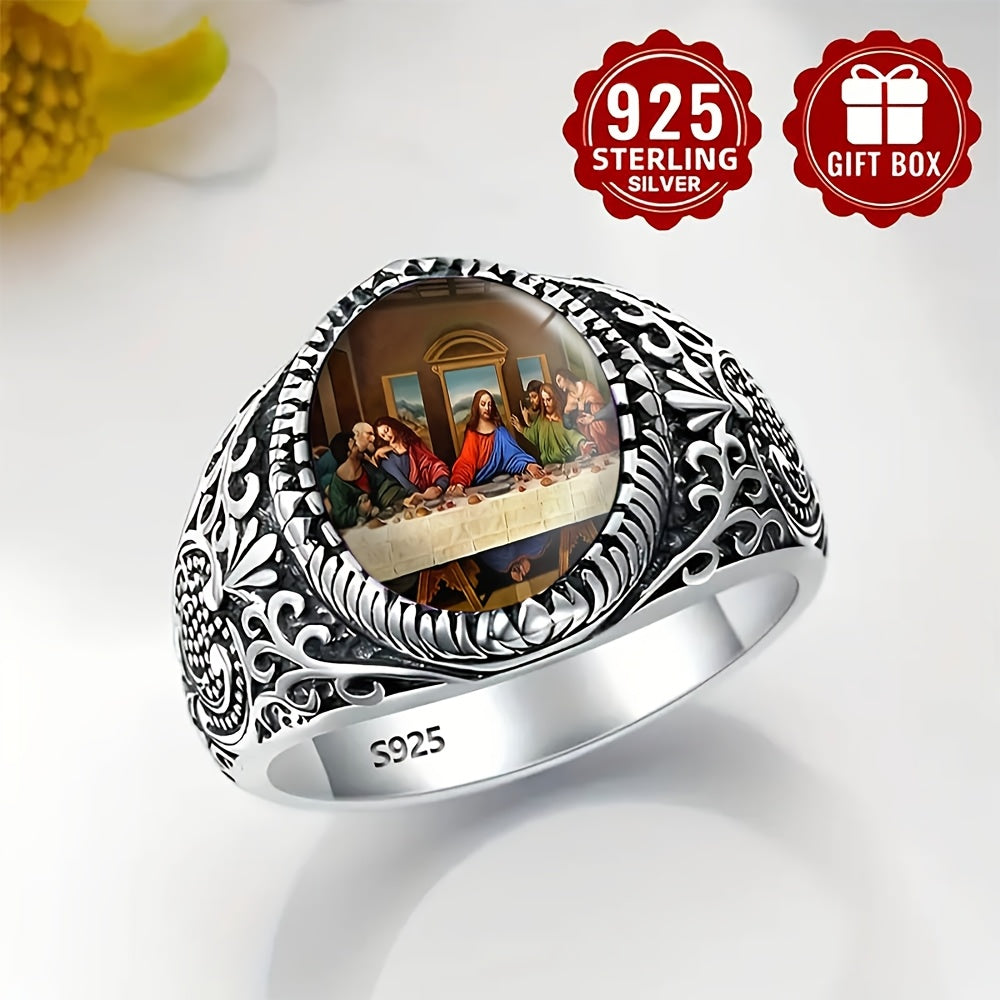 Showlu Men's Last Supper engraved ring in 925 silver plated vintage band, detailed religious design on a bold men's jewelry piece.
