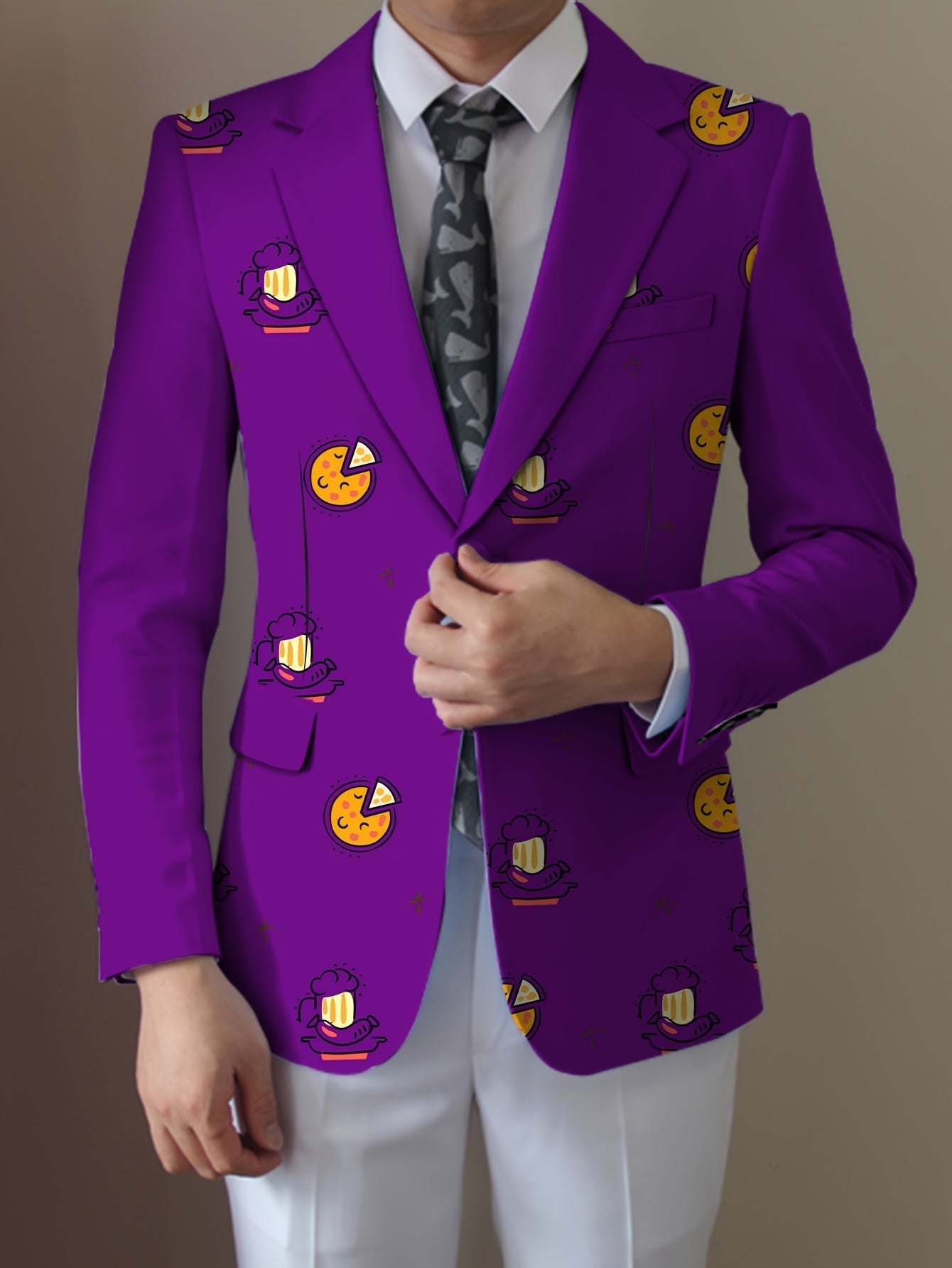 SHOWLU Men's casual food cartoon blazer, regular fit lapel suit jacket with playful food pattern, stylish and comfortable for everyday wear.