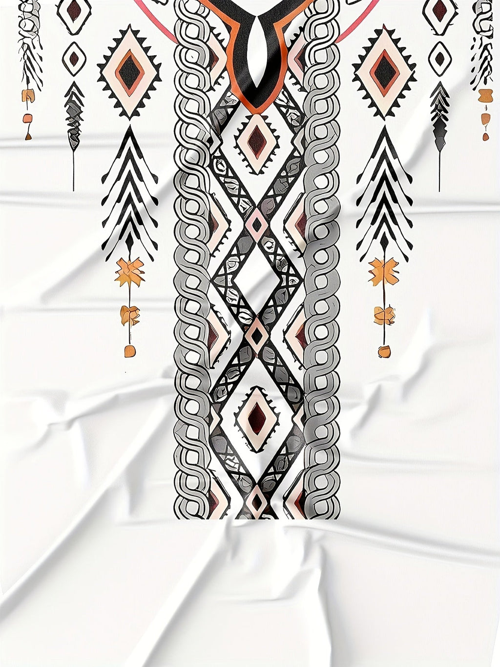 SHOWLU FASHION men's tribal geometric print polyester crew neck T-shirt with bold tribal patterns on a white background.