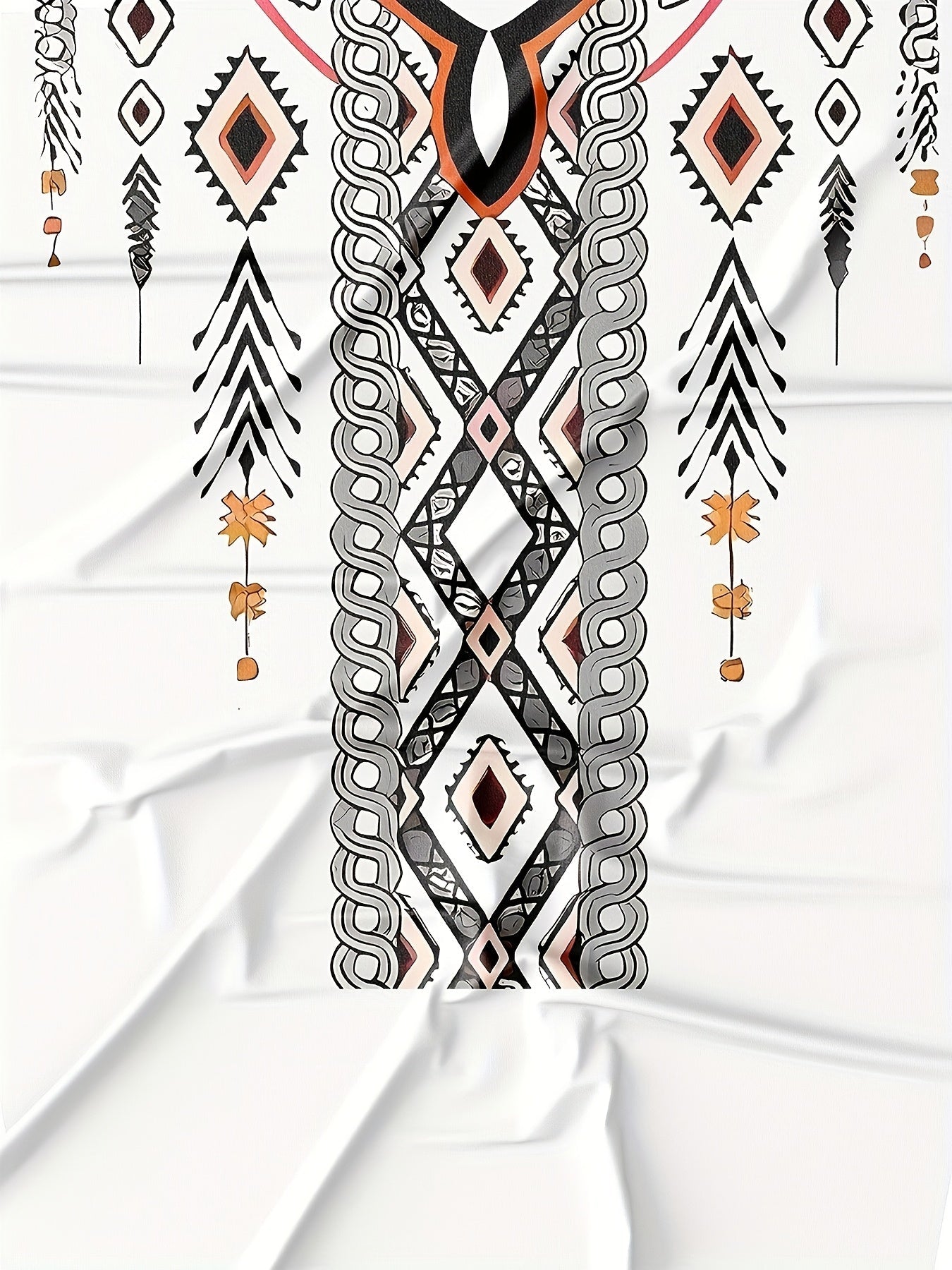SHOWLU FASHION men's tribal geometric print polyester crew neck T-shirt with bold tribal patterns on a white background.