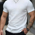 SHOWLU Men's geometric jacquard knit T-shirt with casual round neck, featuring a patterned design in a close-up view.