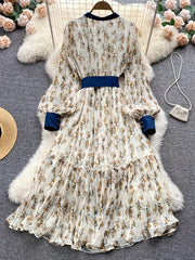 Women's Elegant Floral maxi dress - Long Sleeve A-Line Formal & casual dress with Adjustable belt, Floral print in White/Blue/Beige/, Machine Washable for Spring/Fall/Summer - Office, Party, Wedding Outfit, Party Attire, Roun