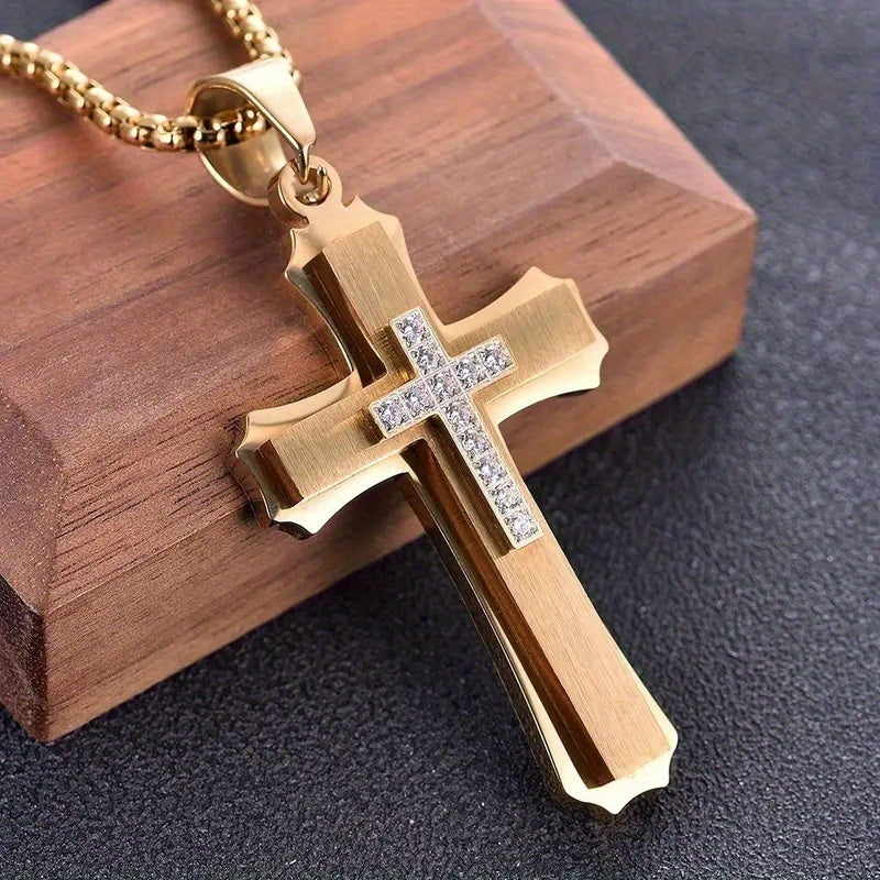 Stainless steel cross pendant necklace by Showlu, 18K gold plated, featuring a detailed cross design on a sleek chain.