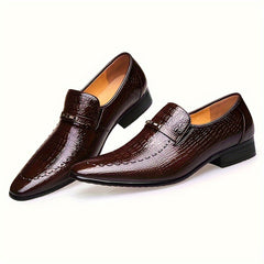 [Crocodile Oxford Loafers] Crocodile-Embossed Men's Black Oxford Loafers - Slip-On Dress Shoes with Golden-Tone Metallic Emblem - Comfortable Rubber Sole for Casual Business Formal Occasions