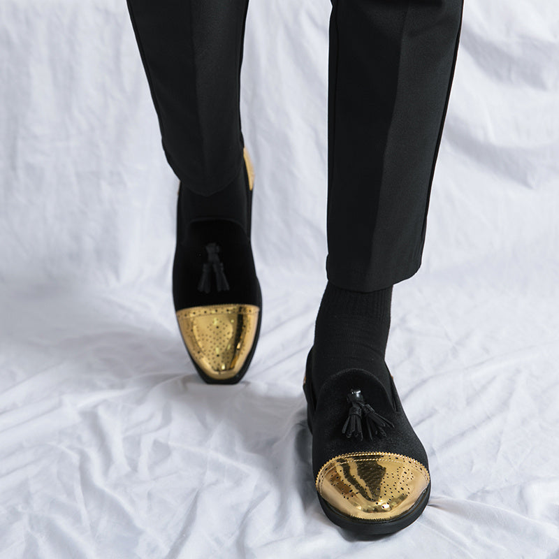 SHOWLU men's green and golden brogue loafers, slip-on formal dress shoes with intricate detailing and classic style.