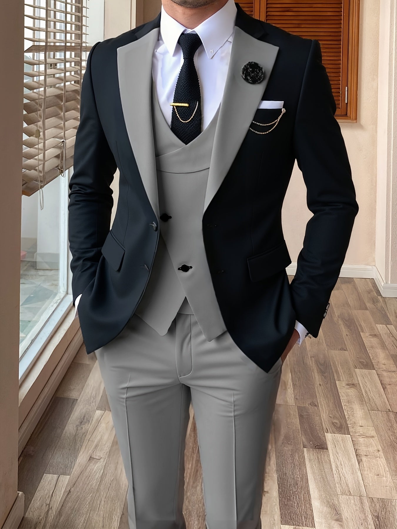 Men's 3-piece color block slim fit tuxedo suit set by Showlu Fashion, featuring a tailored jacket, vest, and matching trousers.