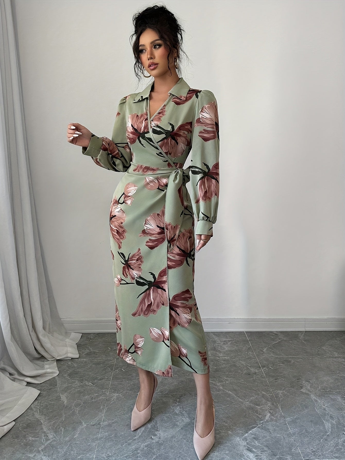 SHOWLU FASHION floral V-neck midi dress with long lantern sleeves, bodycon fit, featuring a vibrant floral pattern and elegant design.